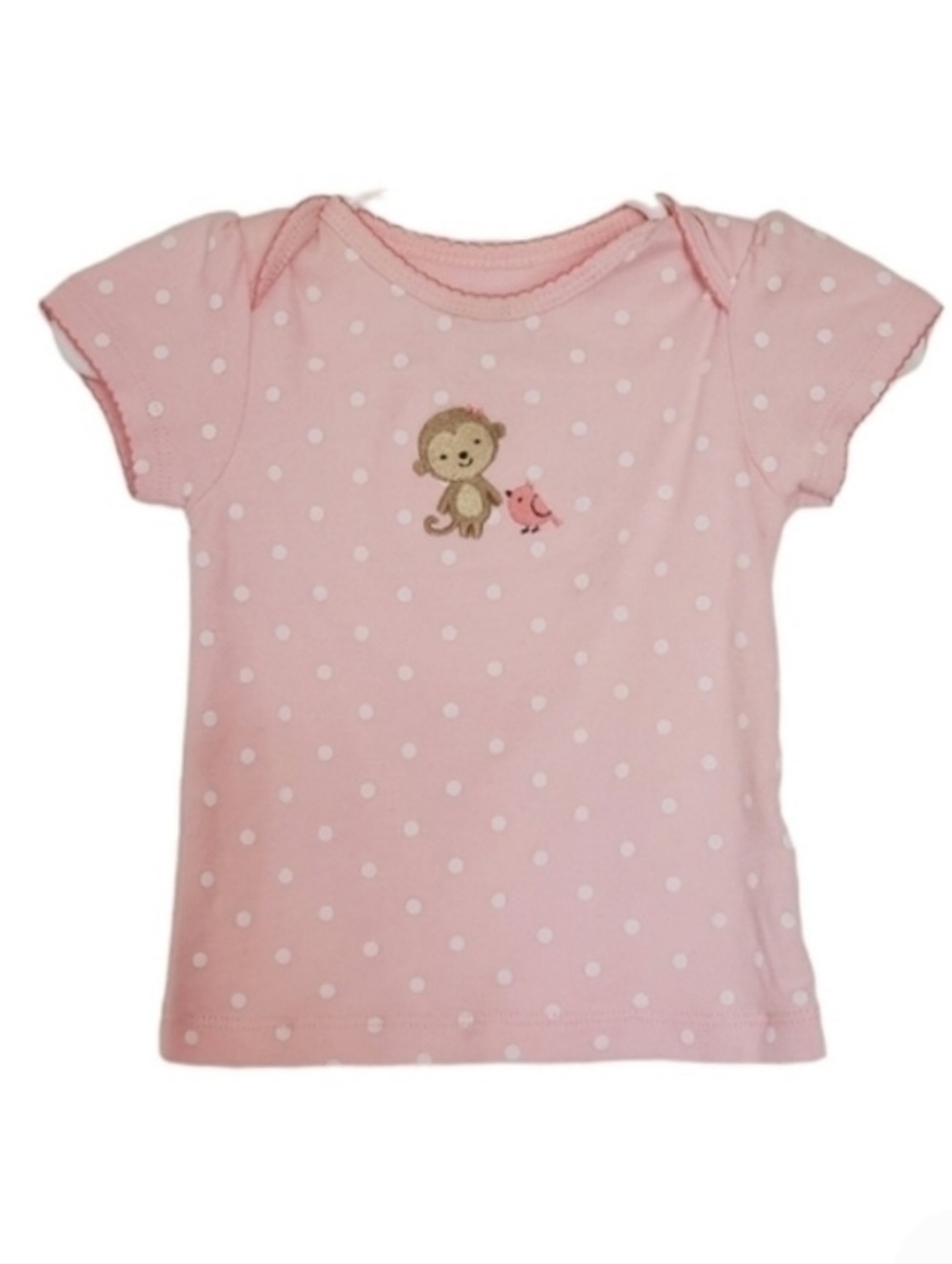 K1303 * Child of Mine Monkey & Bird Polka Dot Top Pink White Size 6-9M